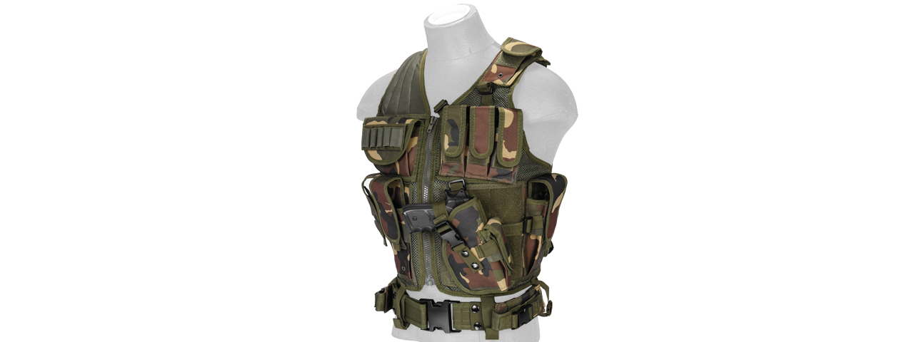 Lancer Tactical CA-310W Cross Draw Vest in Woodland - Click Image to Close