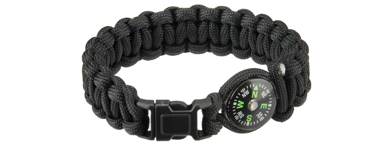 CA-5037 9" PARACORD BRACELET, SMALL BUCKLE W/ COMPASS (BLACK) - Click Image to Close