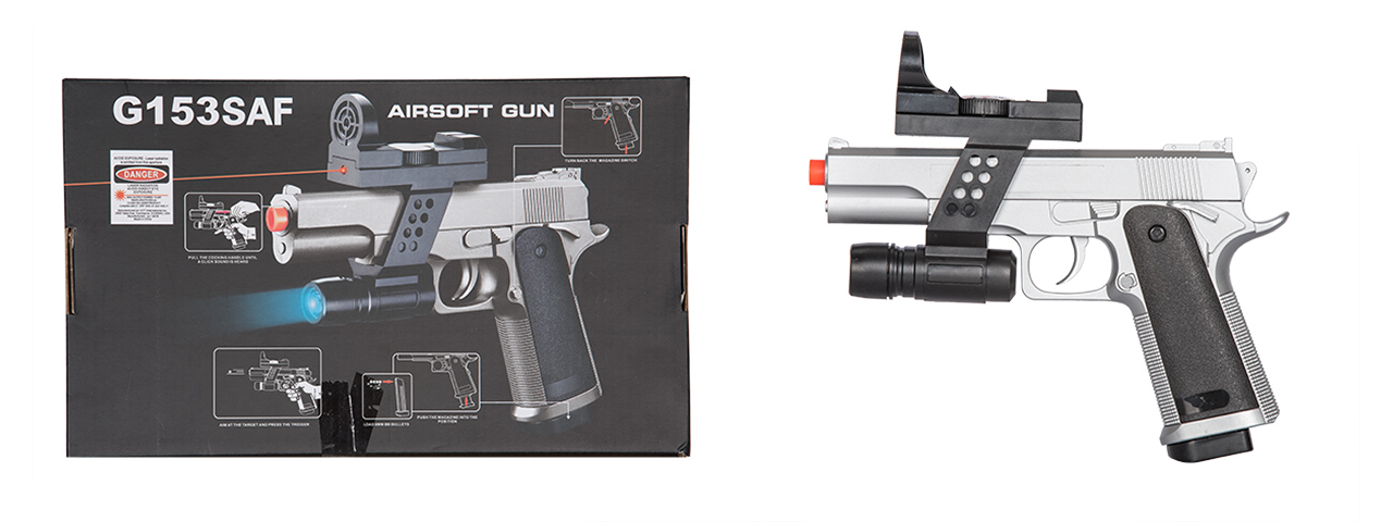 G153SAF Uk Arms M1911 Spring Pistol (Silver) w/ Flashlight, Sight, Laser - Click Image to Close