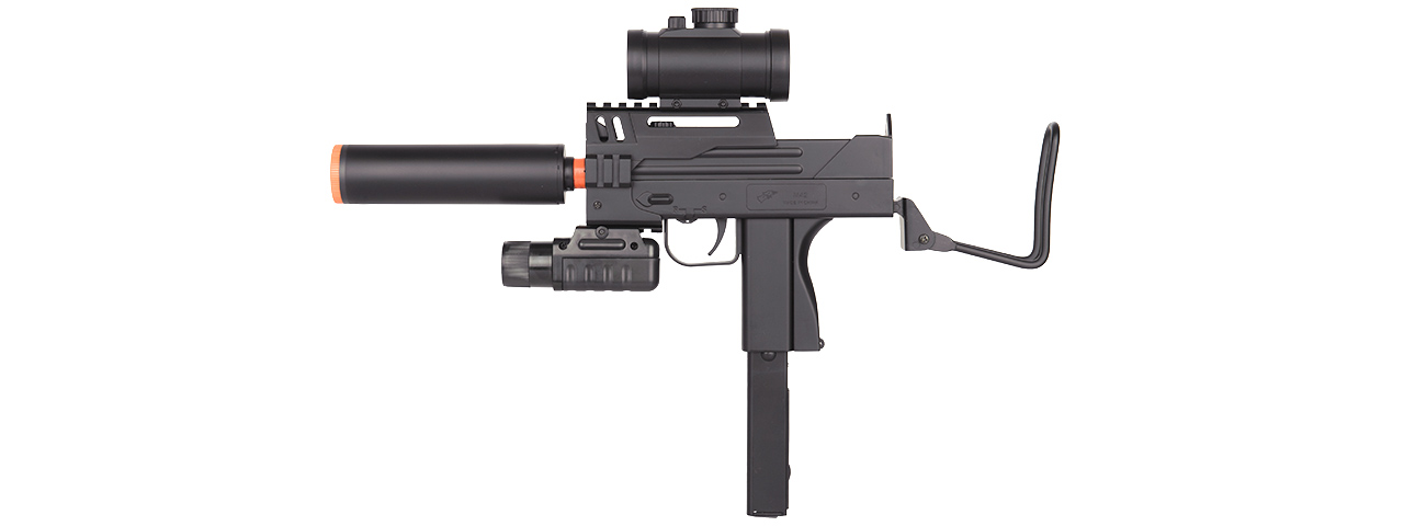 M42P DOUBLE EAGLE MINI UZI (BK) w/ SUPPRESSOR. LASER, RED-DOT SIGHT, FLASHLIGHT - Click Image to Close