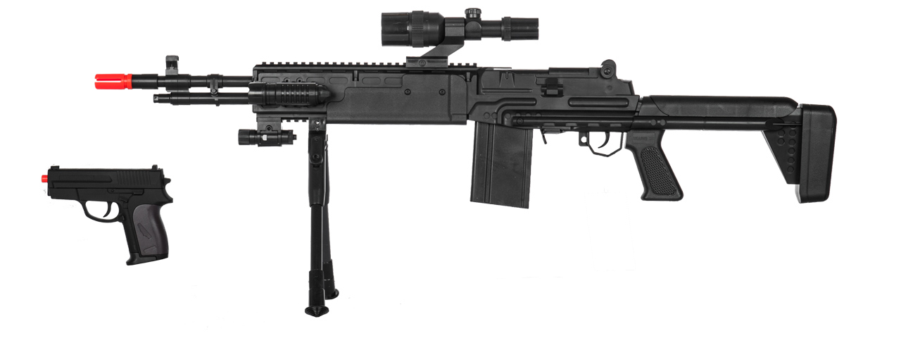 UKARMS P1114 SPRING RIFLE W/ SCOPE, BIPOD, LASER, & FLASHLIGHT AND BONUS P618 SPRING PISTOL IN COMBO BOX - Click Image to Close