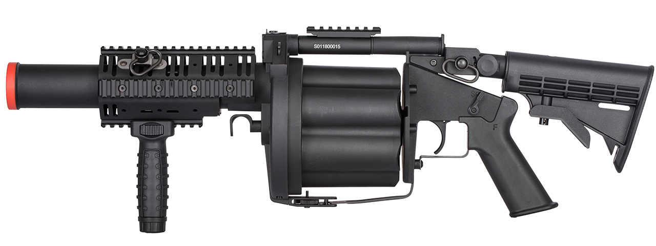 ICS MGL Long Barrel Airsoft 6-Round Revolving Grenade Launcher w/ Rail Attachment System (Color: Black) - Click Image to Close