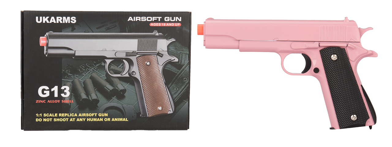 G13P SPRING POWERED 1911 METAL AIRSOFT PISTOL (PINK) - Click Image to Close