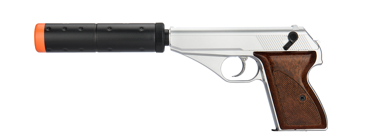 HFC HG-106B GAS POWERED PISTOL W/ MOCK SUPPRESSOR (SILVER) - Click Image to Close