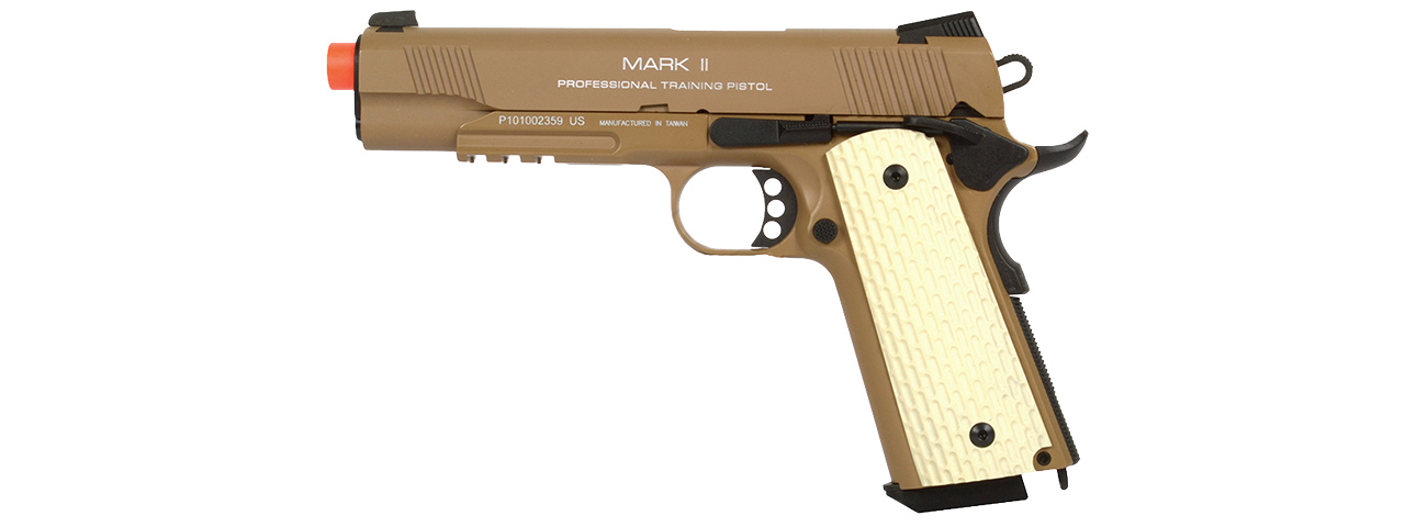 KWA FULL METAL M1911 MKII PTP GAS BLOWBACK PISTOL W/ RAILED FRAME IN DESERT TAN - Click Image to Close