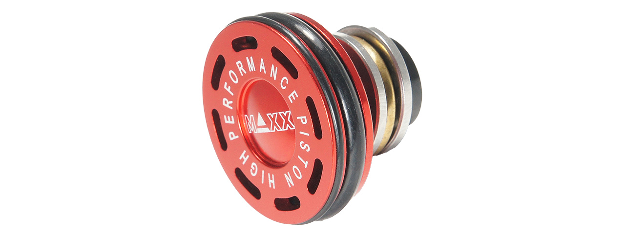 MX-PIS001PHS CNC ALUMINUM DOUBLE O-RING BALL BEARING AEG PISTON HEAD (RED) - Click Image to Close