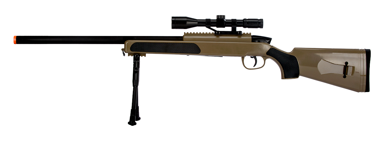 CYMA MK51 Bolt Action Airsoft Spring Sniper Rifle w/ Scope & Bipod (Color: Tan) - Click Image to Close