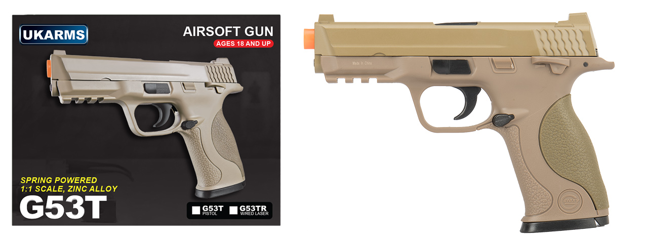 UK ARMS G53T 1:1 Replica Airsoft Spring Pistol (TAN) - Click Image to Close