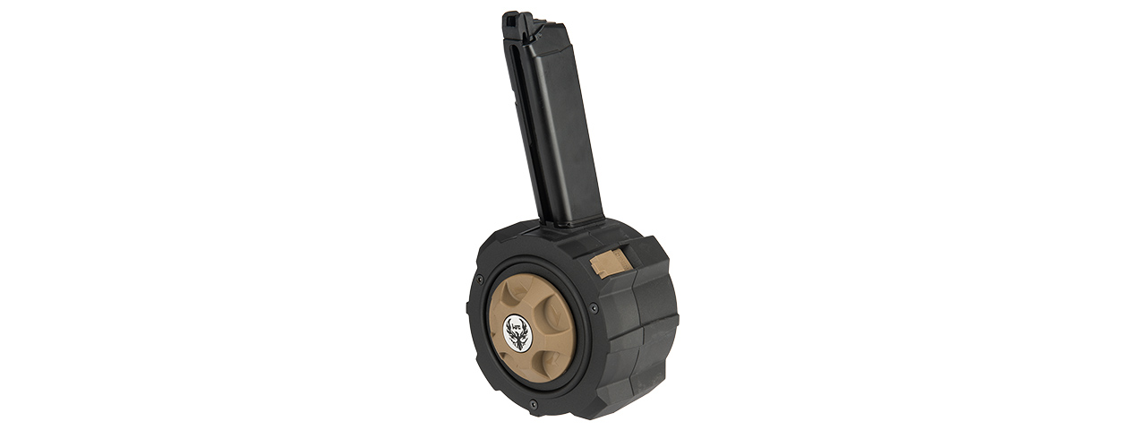 HFC 145 Round Drum Magazine for G-Series Gas Blowback Pistols (Color: Black / Brown) - Click Image to Close