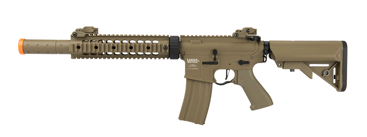 Lancer Tactical Low FPS Proline Gen 2 10" M4 Carbine Airsoft AEG Rifle with Mock Suppressor (Color: Tan) - Click Image to Close