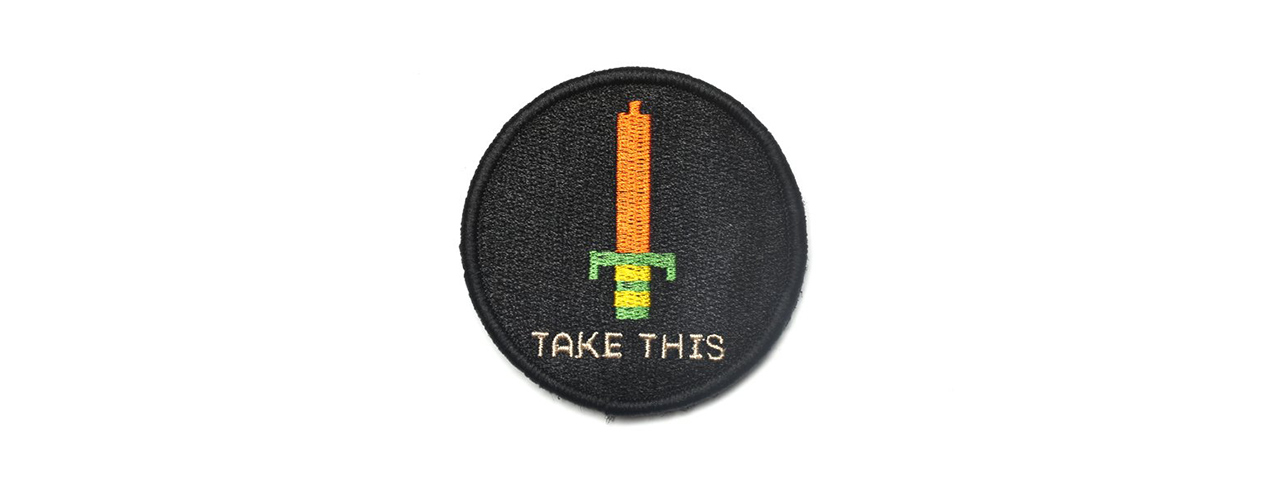 APRILLA DESIGN ITS DANGEROUS TO GO ALONE! TAKE THIS. EMBROIDERED PATCH (BLACK) - Click Image to Close