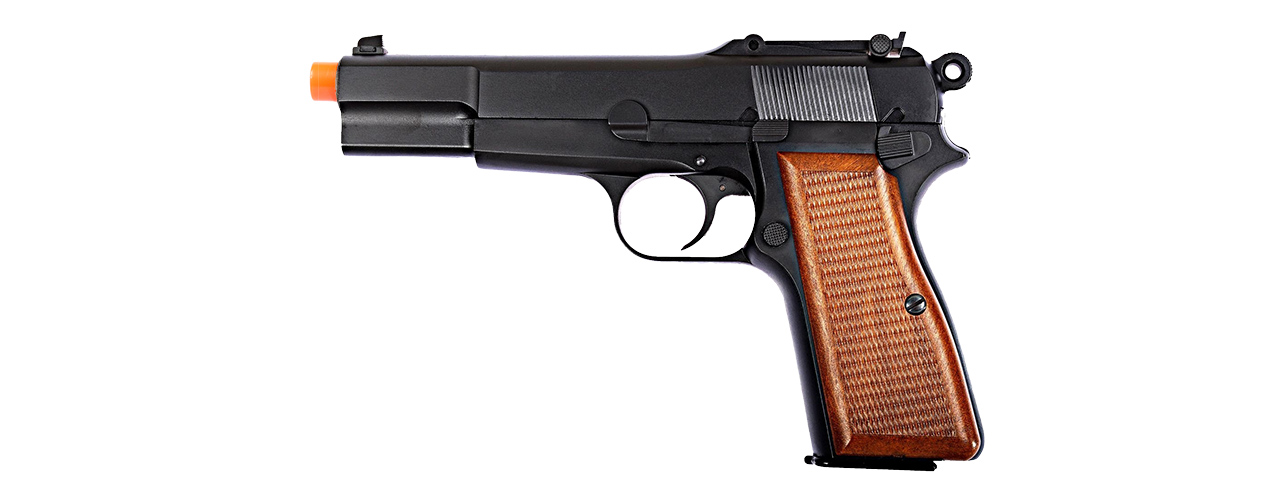 WE Tech Browning Hi-Power Blowback Airsoft Pistol (BLACK/WOOD) - Click Image to Close