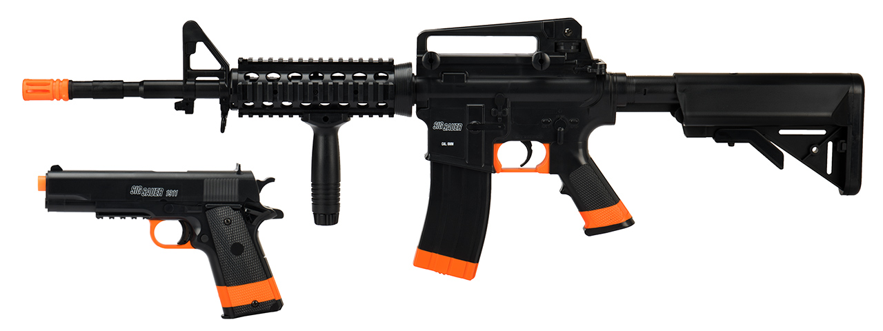 Sig Sauer Patrol Kit w/ Spring Pistol & M4 AEG Airsoft Rifle [5000 BBs Included] (BLACK / ORANGE) - Click Image to Close