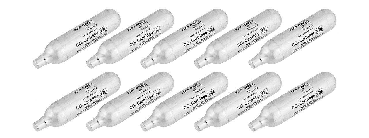 Puff Dino Airsoft Premium 12g CO2 Cartridge [10 PACK] - Click Image to Close