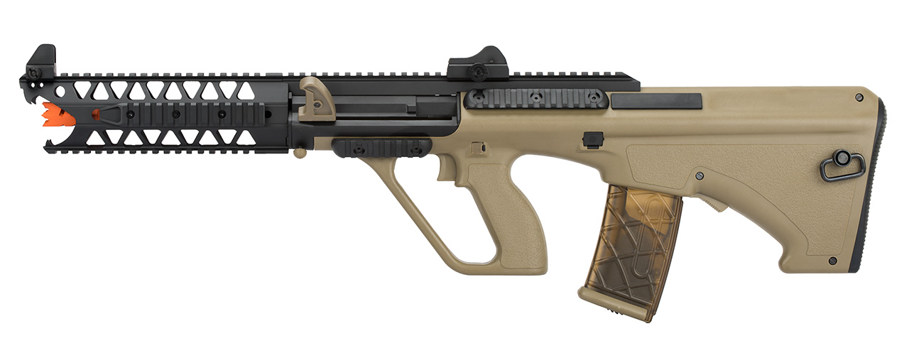 Army Armament AUG 9" Raptor Polymer AEG Airsoft Rifle (TAN) - Click Image to Close