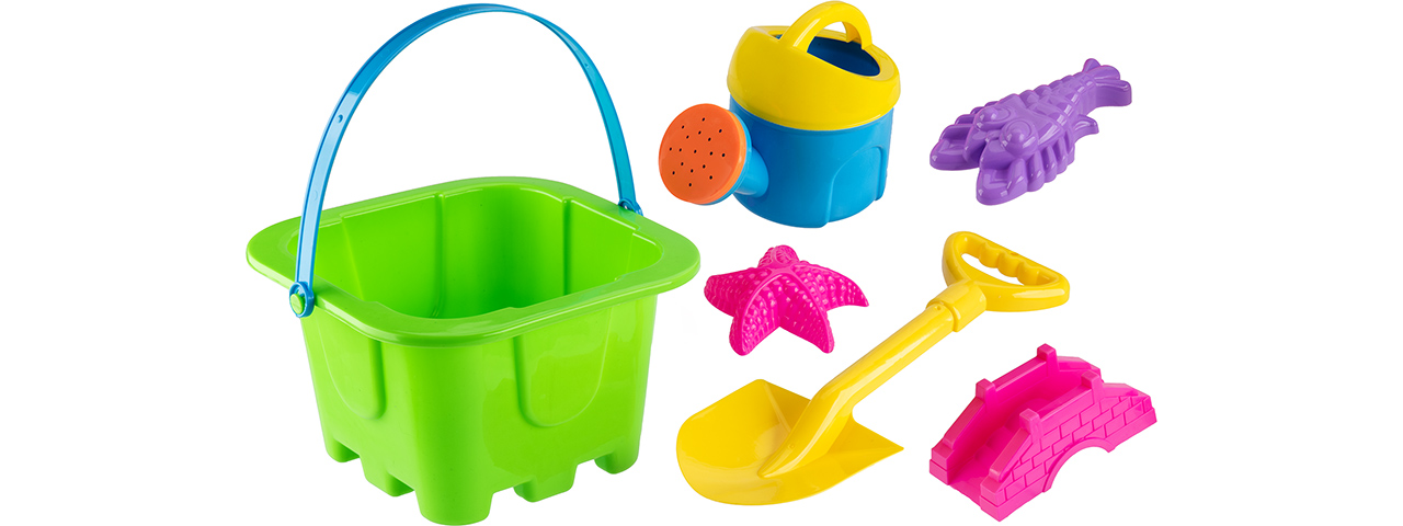 Colorful Sandy Beach Toy Set w/ Bucket, Shovel and Sand Molds - Click Image to Close