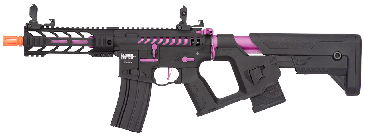 Lancer Tactical Proline Enforcer Battle Hawk 7" Skeleton M4 Airsoft Rifle w/ Alpha Stock (Color: Black / Purple) - Click Image to Close