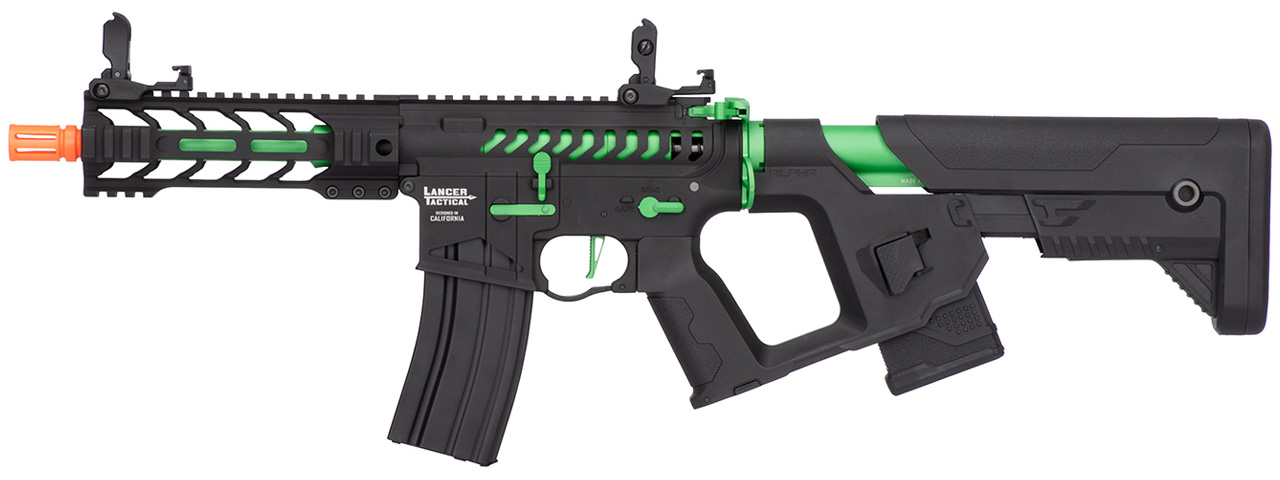 Lancer Tactical Proline Enforcer Battle Hawk 7" Skeleton M4 Airsoft Rifle w/ Alpha Stock (Color: Black / Green) - Click Image to Close