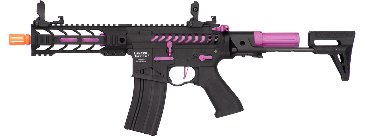 Lancer Tactical Proline Enforcer Battle Hawk 7" Skeleton M4 Airsoft Rifle w/ PDW Stock (Color: Black / Purple) - Click Image to Close