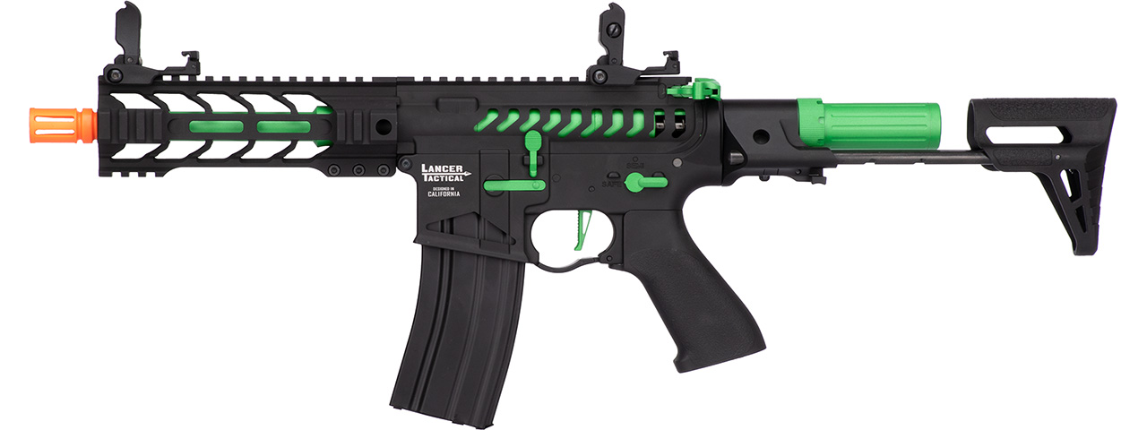 Lancer Tactical Proline Enforcer Battle Hawk 7" Skeleton M4 Airsoft Rifle w/ PDW Stock (Color: Black / Green) - Click Image to Close
