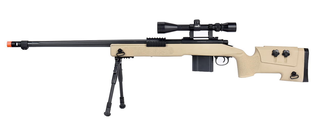 WellFire MB4416 M40A3 Bolt Action Sniper Rifle w/ Scope & Bipod (TAN) - Click Image to Close