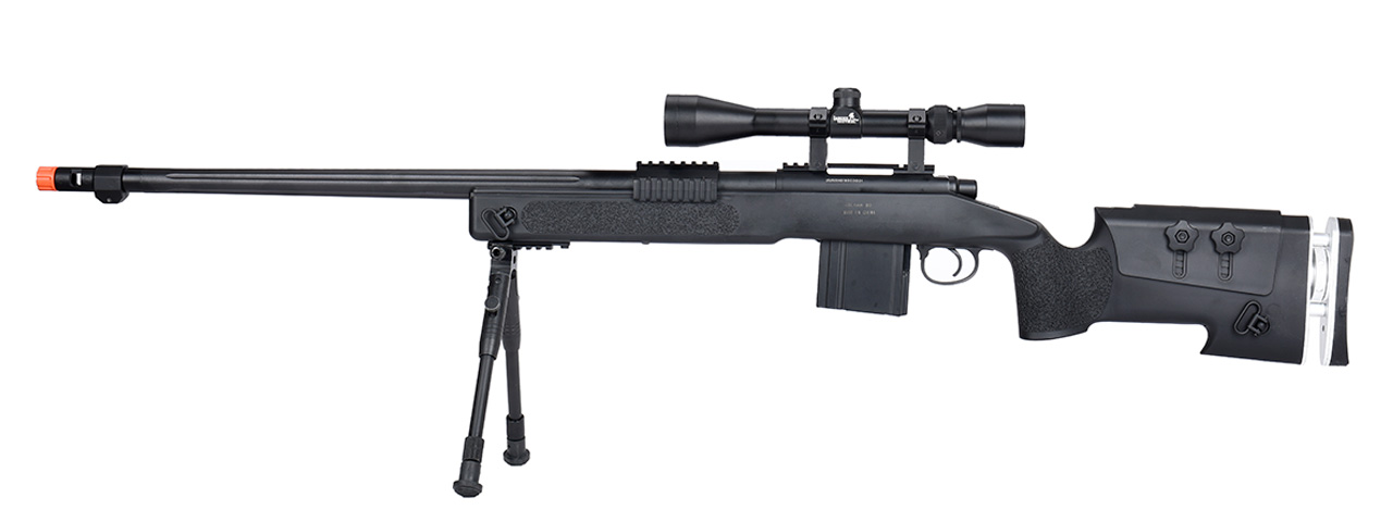 WellFire MB4417 M40A3 Bolt Action Airsoft Sniper Rifle w/ Scope & Bipod (BLACK) - Click Image to Close