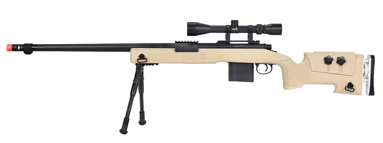 WellFire MB4417 M40A3 Bolt Action Airsoft Sniper Rifle w/ Scope & Bipod (TAN) - Click Image to Close