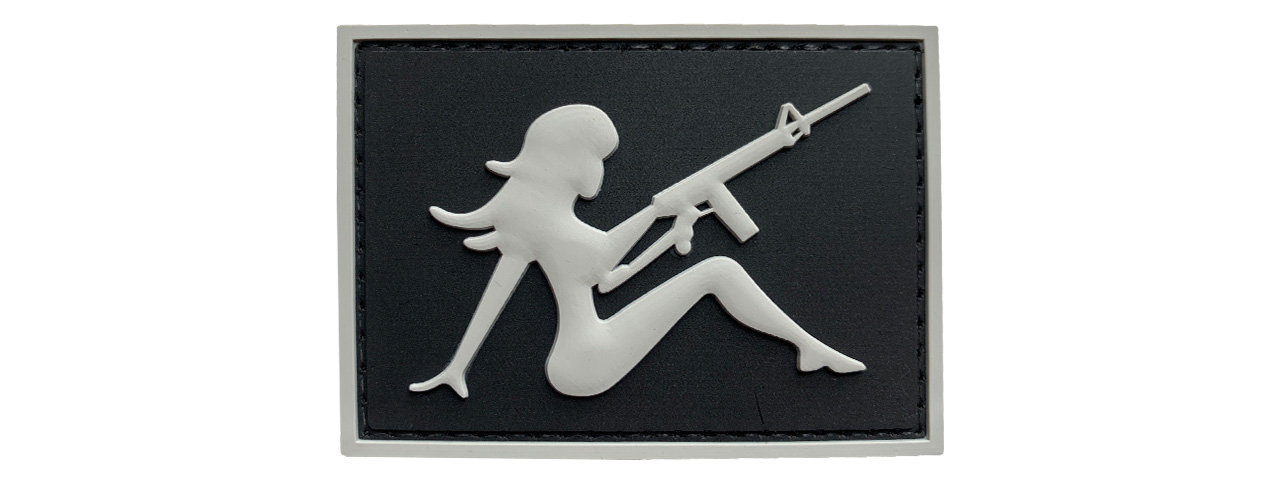 G-Force Mudflap Girl w/ Rifle PVC (Left) Patch (BLACK/GRAY) - Click Image to Close