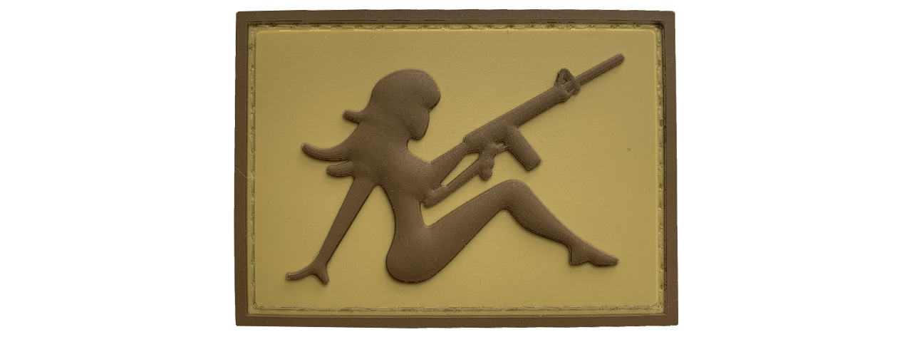 G-Force Mudflap Girl w/ Rifle PVC (Left) Patch (TAN/BROWN) - Click Image to Close