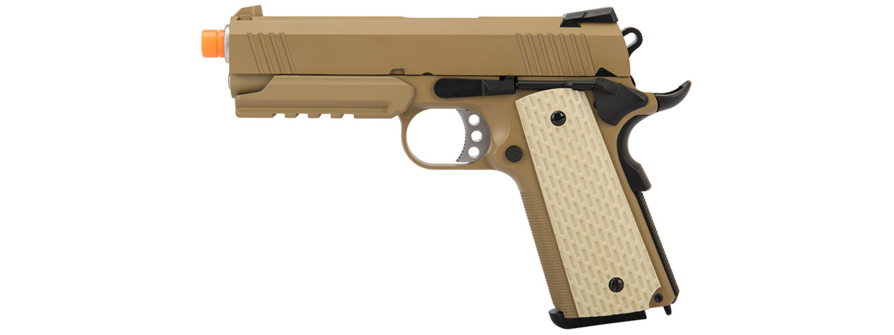 WE Tech Kimber Style 1911 Gas Blowback Airsoft Pistol (TAN) - Click Image to Close