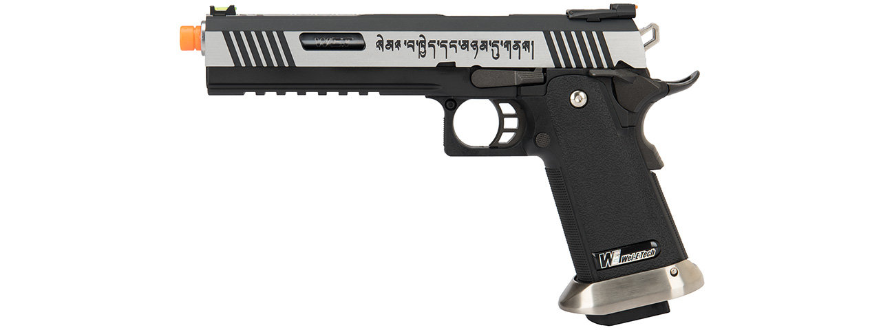 WE Tech 1911 Hi-Capa T-Rex Competition Gas Blowback Airsoft Pistol w/ Sight Mount & Top Ports [Tibetan Version] (TWO TONE / SILVER) - Click Image to Close