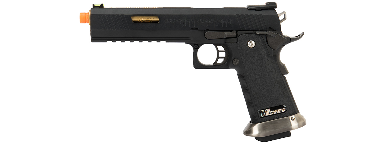 WE Tech 1911 Hi-Capa T-Rex Competition Gas Blowback Airsoft Pistol w/ Sight Mount & Top Ports (BLACK / GOLD) - Click Image to Close