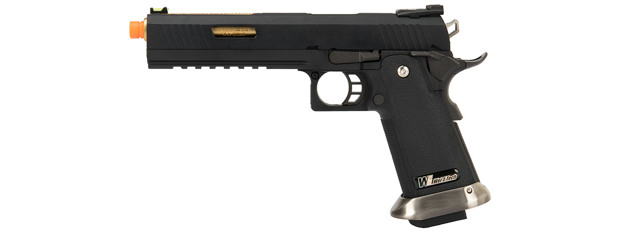 WE Tech 1911 Hi-Capa T-Rex Competition Gas Blowback Airsoft Pistol w/ Sight Mount & Top Ports (BLACK / GOLD) - Click Image to Close