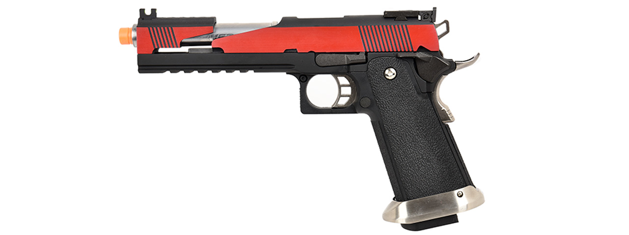 WE Tech 1911 Hi-Capa T-Rex Competition Gas Blowback Airsoft Pistol w/ Top Ports (RED / SILVER) - Click Image to Close