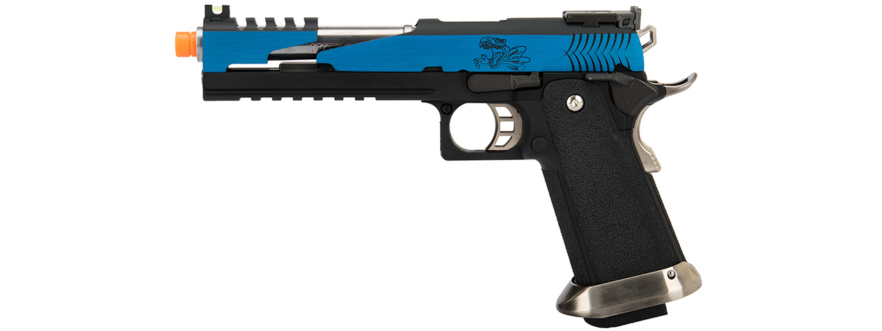 WE Tech 1911 Hi-Capa T-Rex Competition Gas Blowback Airsoft Pistol w/ Top Vent (BLUE / SILVER) - Click Image to Close