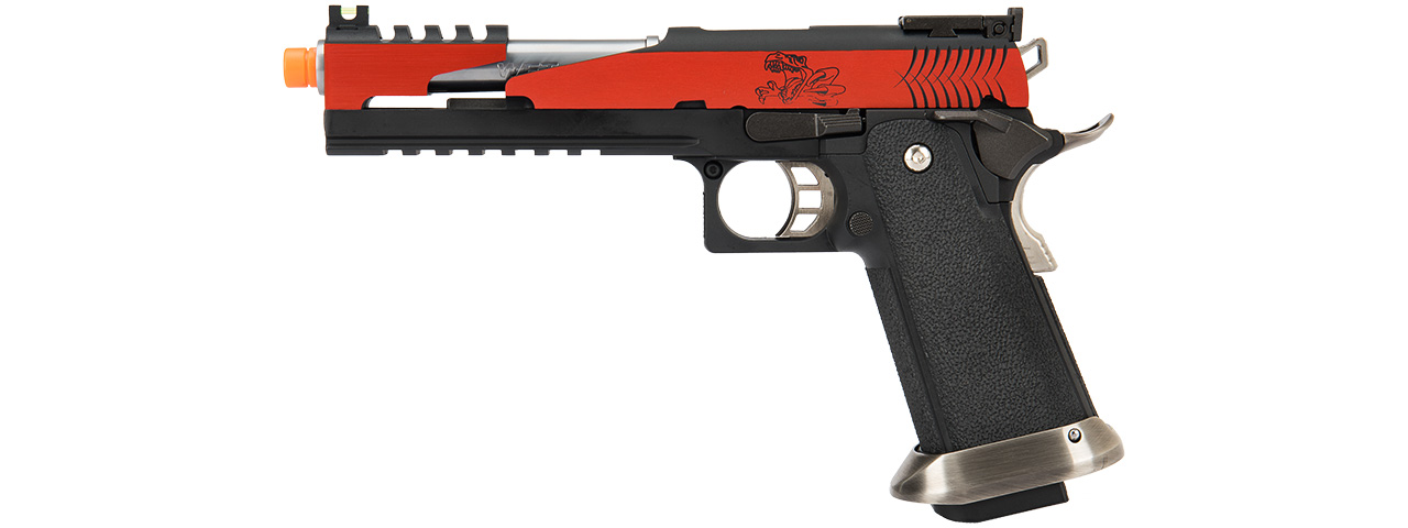 WE Tech 1911 Hi-Capa T-Rex Competition Gas Blowback Airsoft Pistol w/ Top Vent (RED / SILVER) - Click Image to Close
