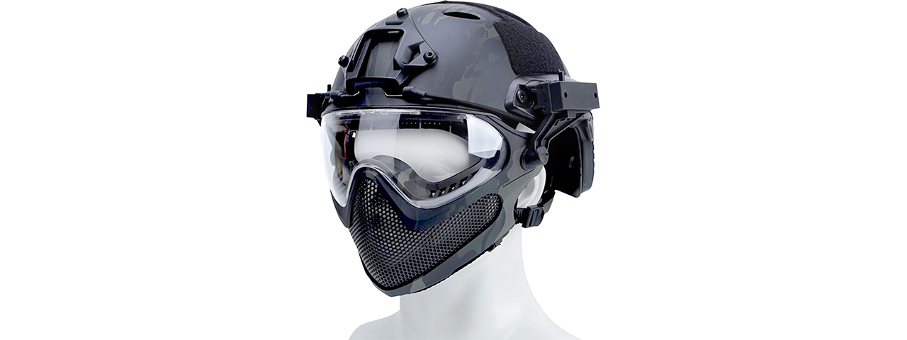 G-Force Pilot Full Face Helmet w/ Steel Mesh Face Guard (Color: Black Camo) - Click Image to Close