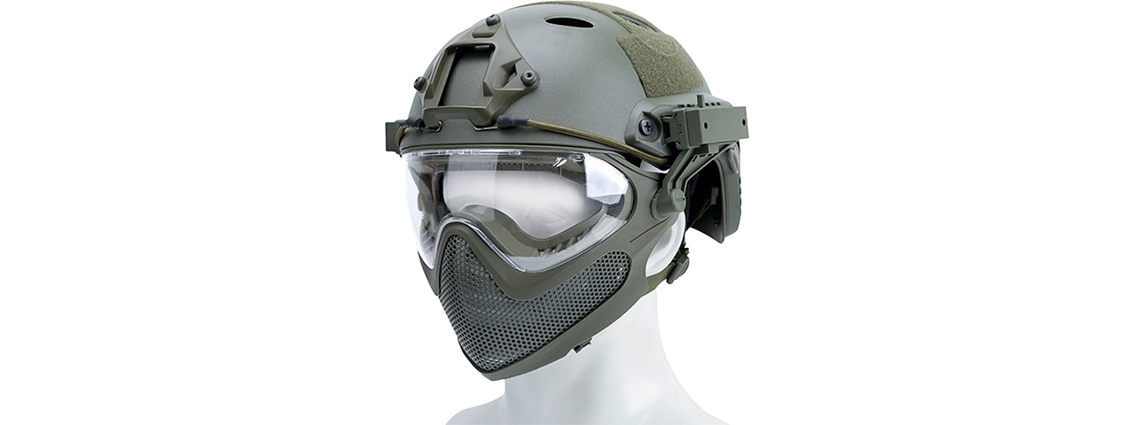 G-Force Pilot Full Face Helmet w/ Steel Mesh Face Guard (Color: OD Green) - Click Image to Close