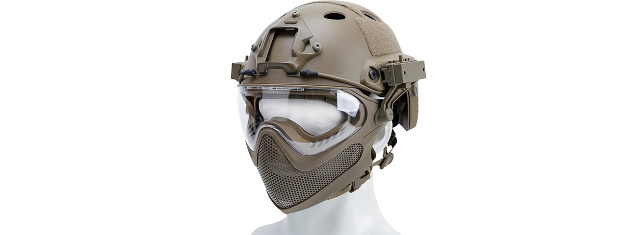 G-Force Pilot Full Face Helmet w/ Steel Mesh Face Guard (Color: Tan) - Click Image to Close