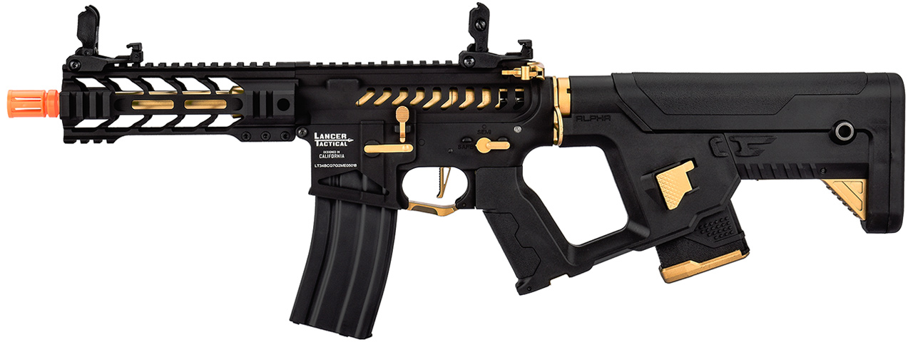 Lancer Tactical Proline Enforcer Battle Hawk 7" Skeleton M4 Airsoft Rifle w/ Alpha Stock (Color: Black / Gold) - Click Image to Close