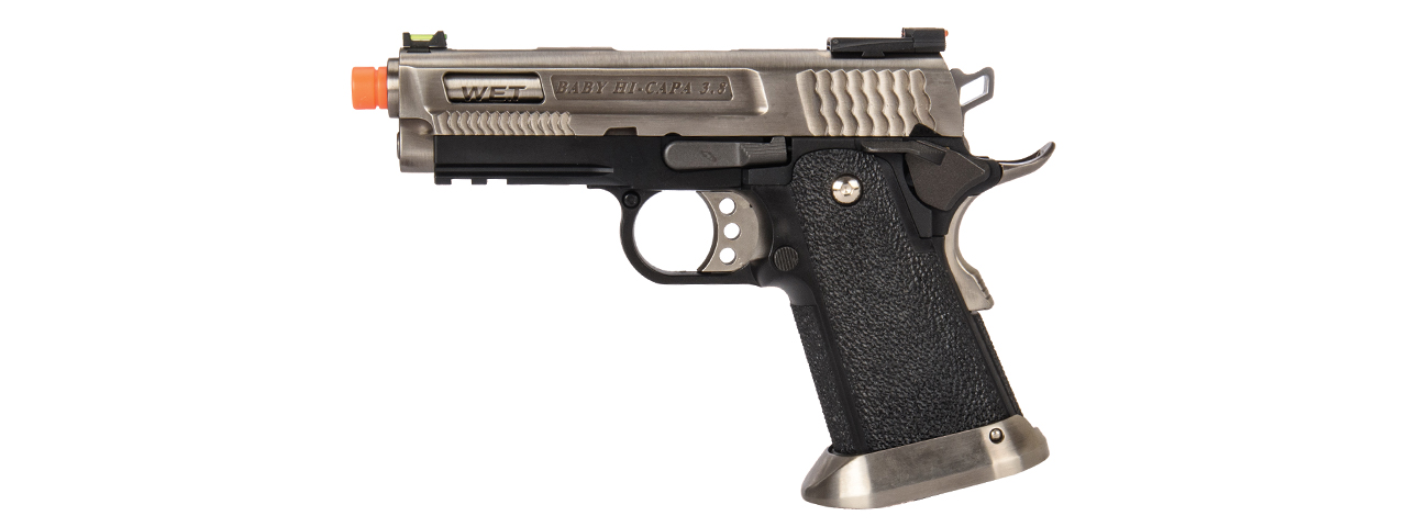 WE-Tech Hi-Capa 3.8 Brontosaurus Full Auto Gas Blowback Pistol (Silver) - Click Image to Close