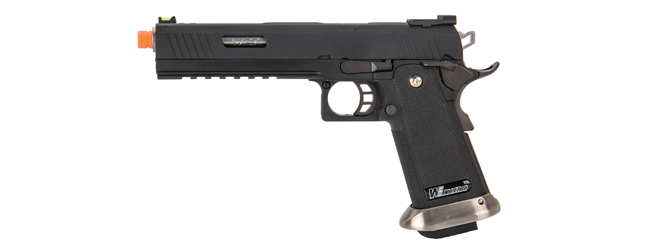 WE-Tech Hi-Capa 6" IREX Competition Full Auto Gas Blackback Airsoft Pistol (Black / Silver Barrel) - Click Image to Close