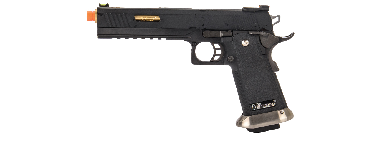 WE-Tech Hi-Capa 6" IREX Competition Full Auto Gas Blowback Airsoft Pistol (Black / Gold Barrel) - Click Image to Close