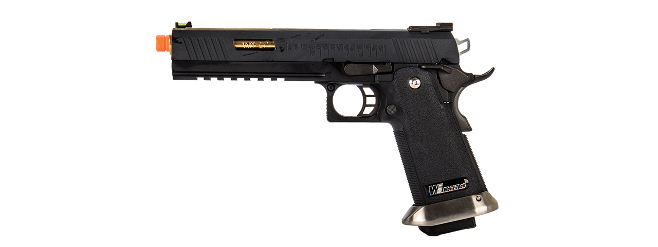 WE-Tech Hi-Capa 6" IREX Full Auto Competition Pistol (Black / Gold Barrel / With Markings) - Click Image to Close