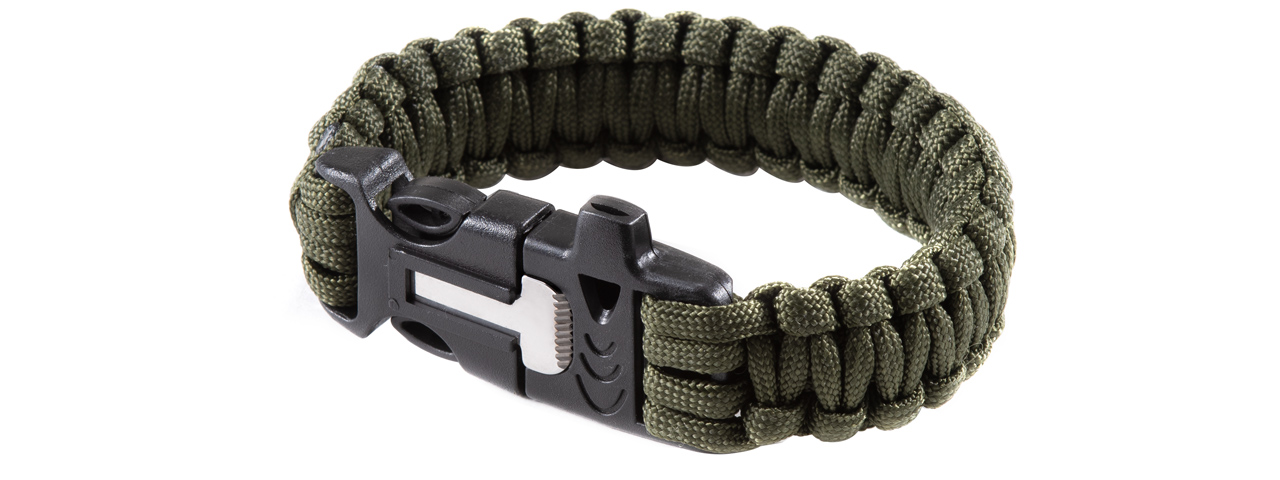 G-Force Multi-Function Survival Bracelet w/ Rope Cutting Tool, Whistle, and Fire Starter (Color: OD Green) - Click Image to Close