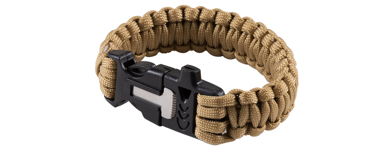WoSport Multi-Function Survival Bracelet w/ Rope Cutting Tool, Whistle, and Fire Starter (Color: Tan) - Click Image to Close