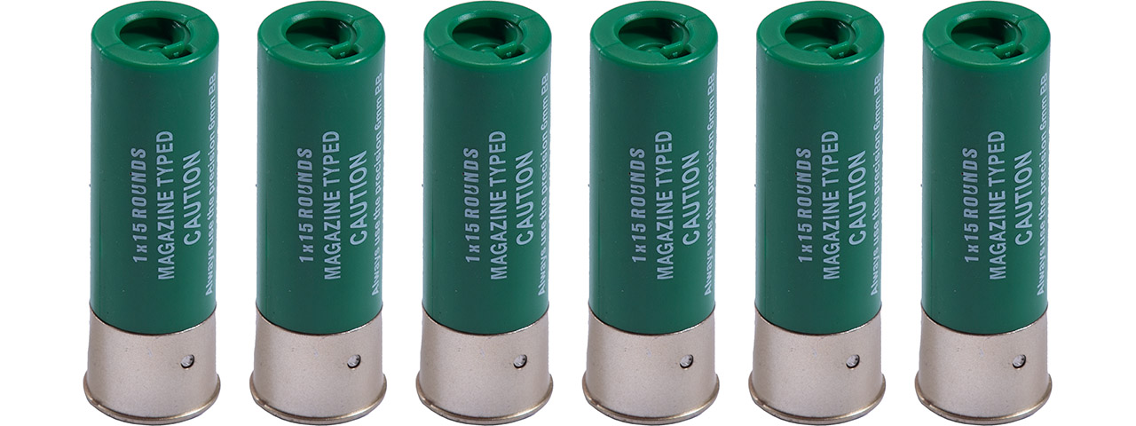G-Force 15 Round Shotgun Shells for Multi & Single-Shot Airsoft Shotguns (Color: Green / Pack of 6) - Click Image to Close