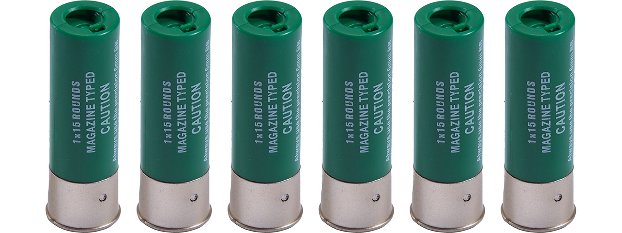 G-Force 15 Round Shotgun Shells for Multi & Single-Shot Airsoft Shotguns (Color: Green / Pack of 6) - Click Image to Close