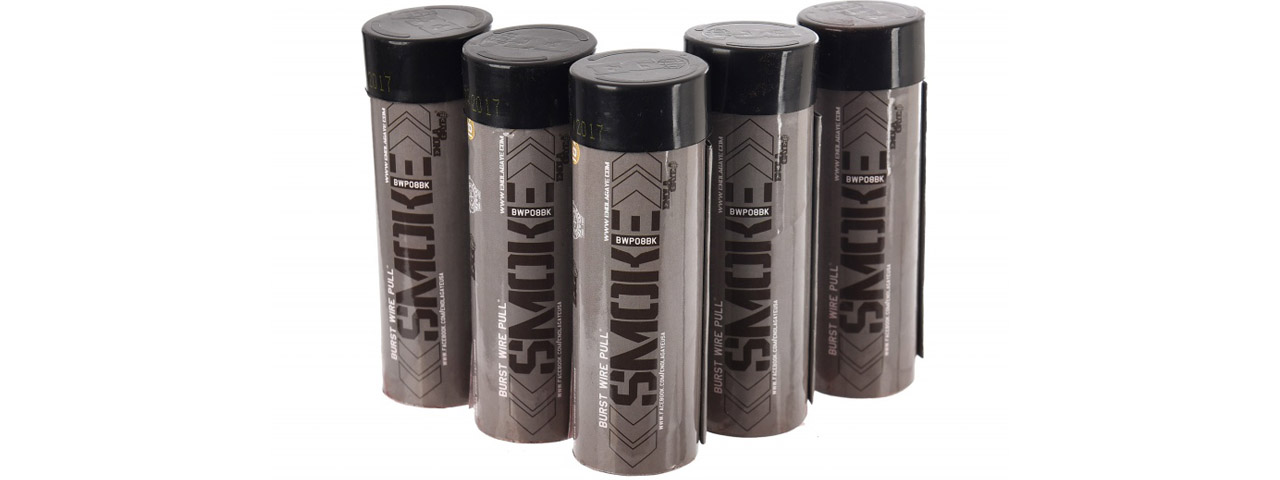 Enola Gaye Pack of 5 Twin Vent Burst High Output Airsoft Wire Pull Smoke Grenade (Color: Black) - Click Image to Close
