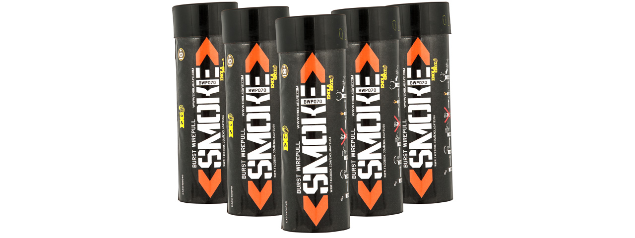 Enola Gaye Pack of 5 Twin Vent Burst High Output Airsoft Wire Pull Smoke Grenade (Color: Orange) - Click Image to Close